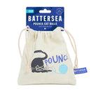 Reusable Battersea canvas storage bag featuring four soft pounce cat balls inside.