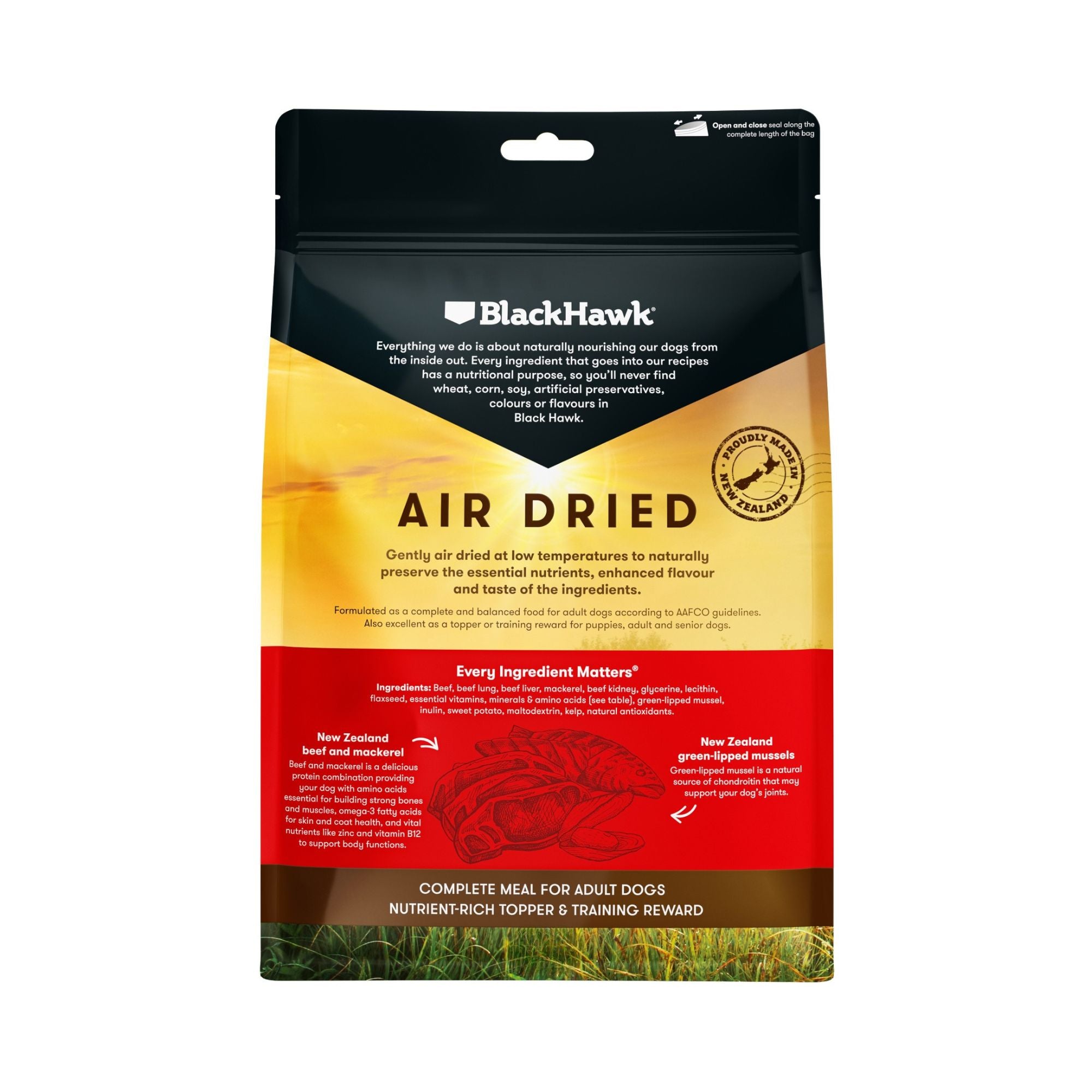 Back of Black Hawk Air-Dried Beef & Mackerel dog food showing the ingredients and nutritional information featuring New Zealand green-lipped mussels.