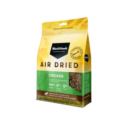 Black Hawk air-dried chicken dog food packaging, angled view showing front and side details