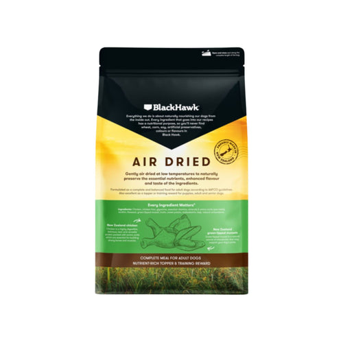 Black Hawk air-dried chicken dog food back packaging ingredients and feeding guide