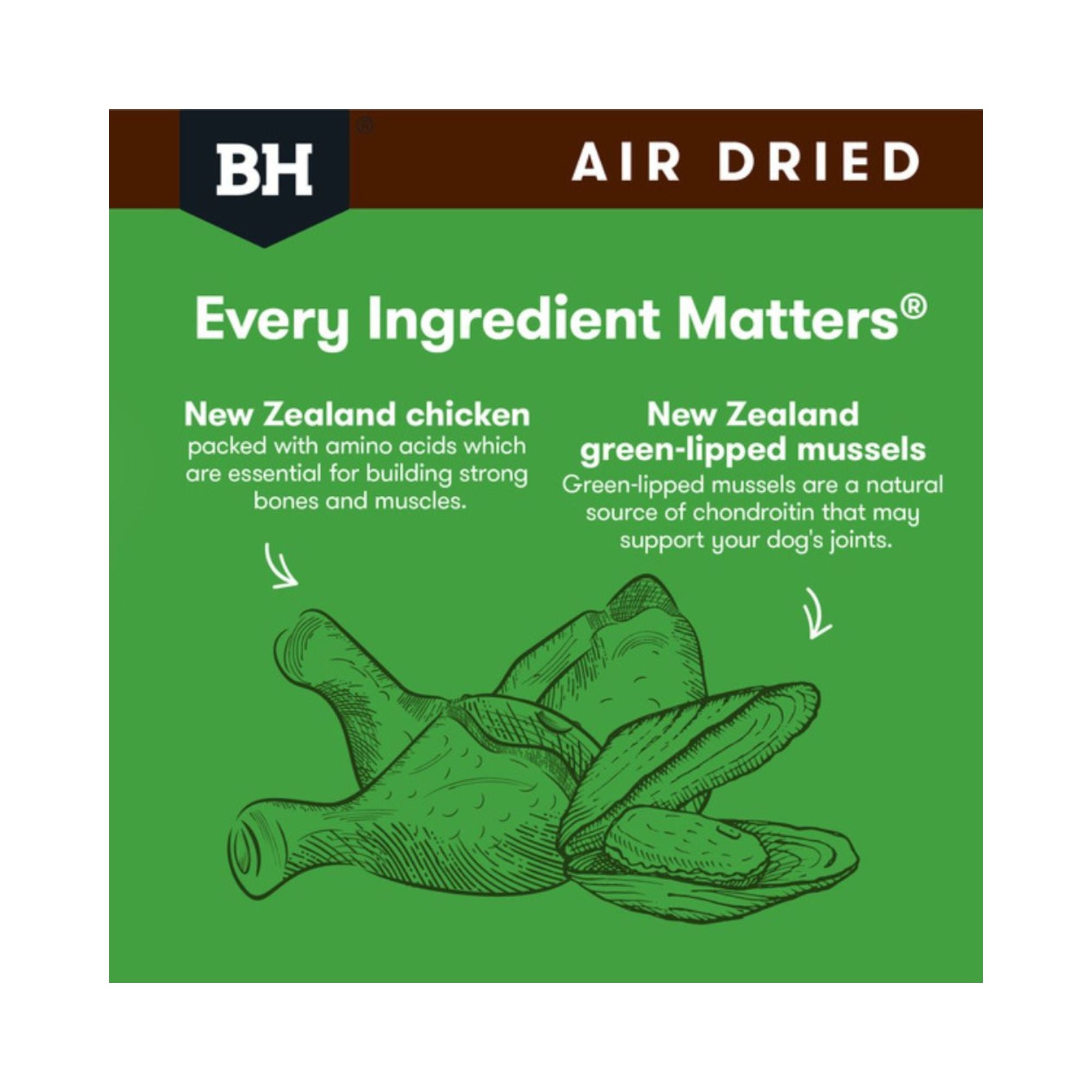 Black Hawk air-dried chicken dog food, New Zealand ingredients, benefits, green lipped mussels and protein nutrition