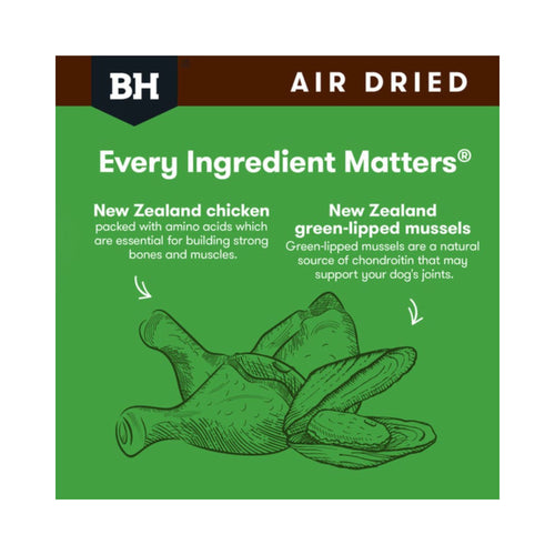 Black Hawk air-dried chicken dog food, New Zealand ingredients, benefits, green lipped mussels and protein nutrition