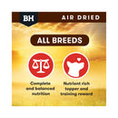 Black Hawk Air-Dried Dog Food graphic showing it is suitable for all breeds as complete and balanced nutrition, a nutrient-rich meal topper, or a training reward.