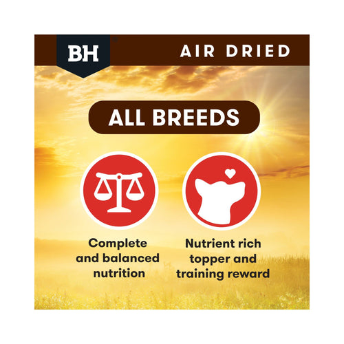 Black Hawk Air-Dried Dog Food graphic showing it is suitable for all breeds as complete and balanced nutrition, a nutrient-rich meal topper, or a training reward.
