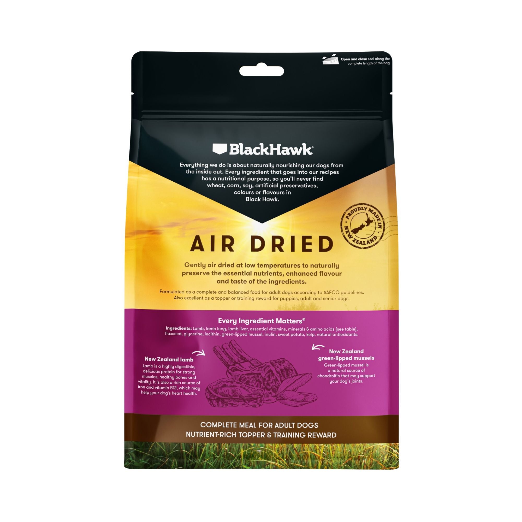 Black Hawk air-dried lamb dog food back packaging ingredients and feeding information