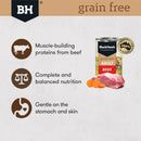 Black Hawk grain-free dog food with product benefits listed on a light grey background