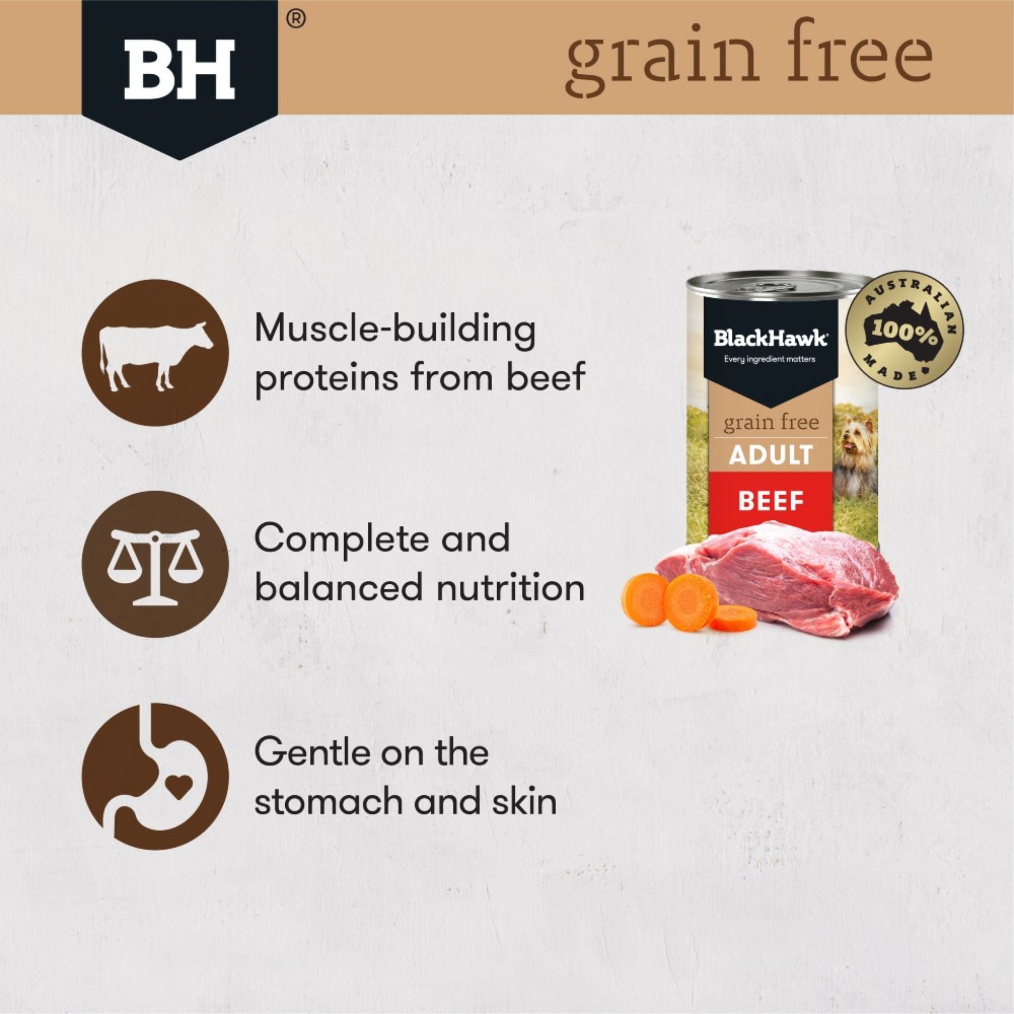 Black Hawk grain-free dog food with product benefits listed on a light grey background