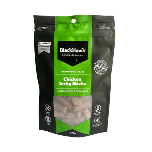 Black Hawk Chicken Jerky Sticks – Premium Dog Treats 100g. Made from 100% Australian chicken, grain-free, and oven-dried for maximum flavour and nutrition. Perfect for small to medium dogs.