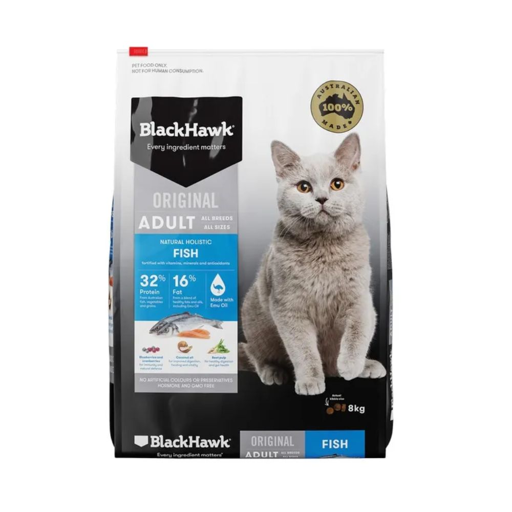 Black Hawk Fish Cat Food - 8kg Bag: For majestic felines with a royal appetite! Fuel your cat's adventures with this substantial and satisfying bag.