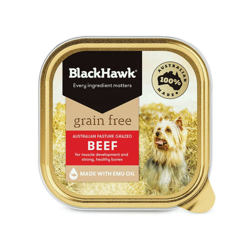 Black Hawk grain-free beef wet dog food 100g tray on a white background.