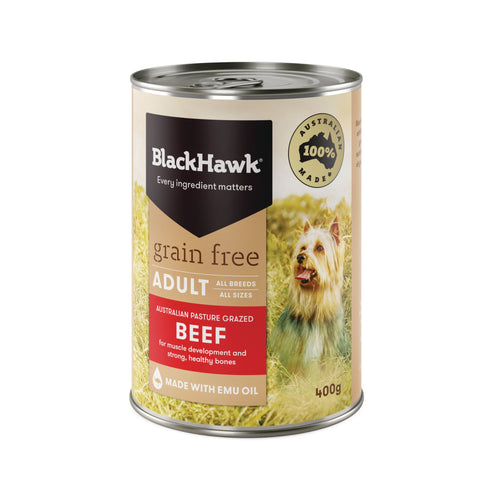 Can of Black Hawk grain-free beef dog food on a white background