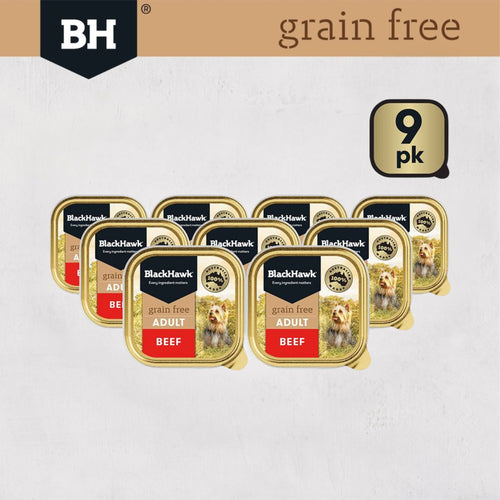 9-pack of Black Hawk grain-free beef dog food on a grey background