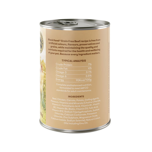 Can of Black Hawk Grain Free Beef recipe on a white background