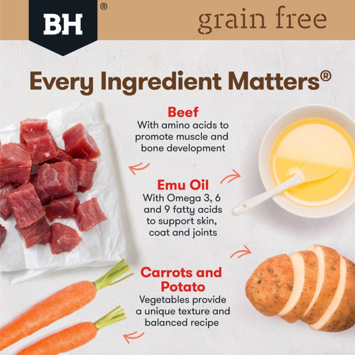 Black Hawk product information about beef, emu oil, carrots, and potato, featuring 'Every Ingredient Matters' text.