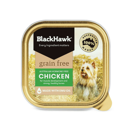 Black Hawk grain-free chicken wet dog food tray on a white background