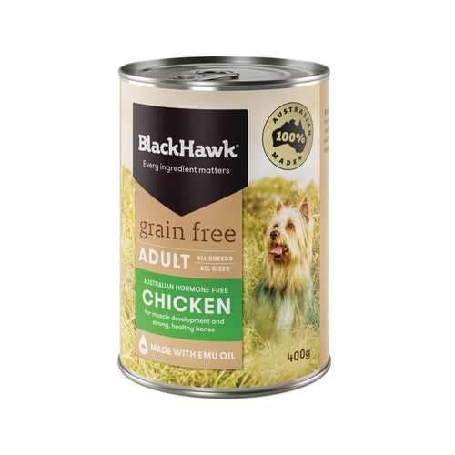 Can of Black Hawk grain-free chicken adult dog food with a dog on the label