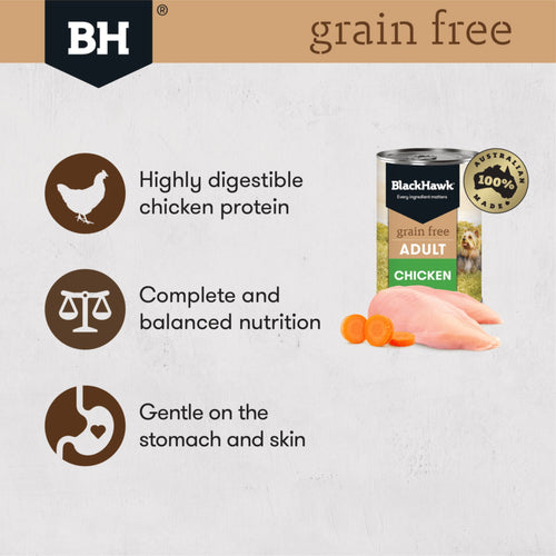 Black Hawk grain-free dog food product with ingredients and benefits on a light grey background