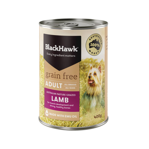 Can of Black Hawk grain-free lamb adult wet dog food with a label featuring a dog and text.