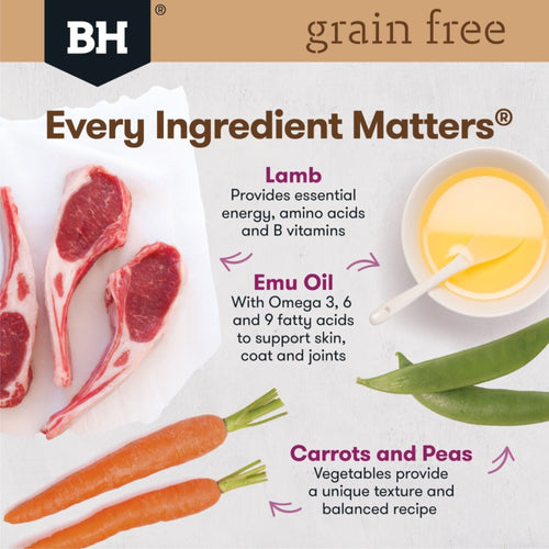 Every ingredient matters for Black Hawk grain-free wet dog food featuring lamb, emu oil, carrots, and peas.