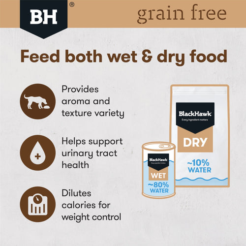 Black Hawk grain-free guide featuring the benefits of feeding both wet and dry dog food.