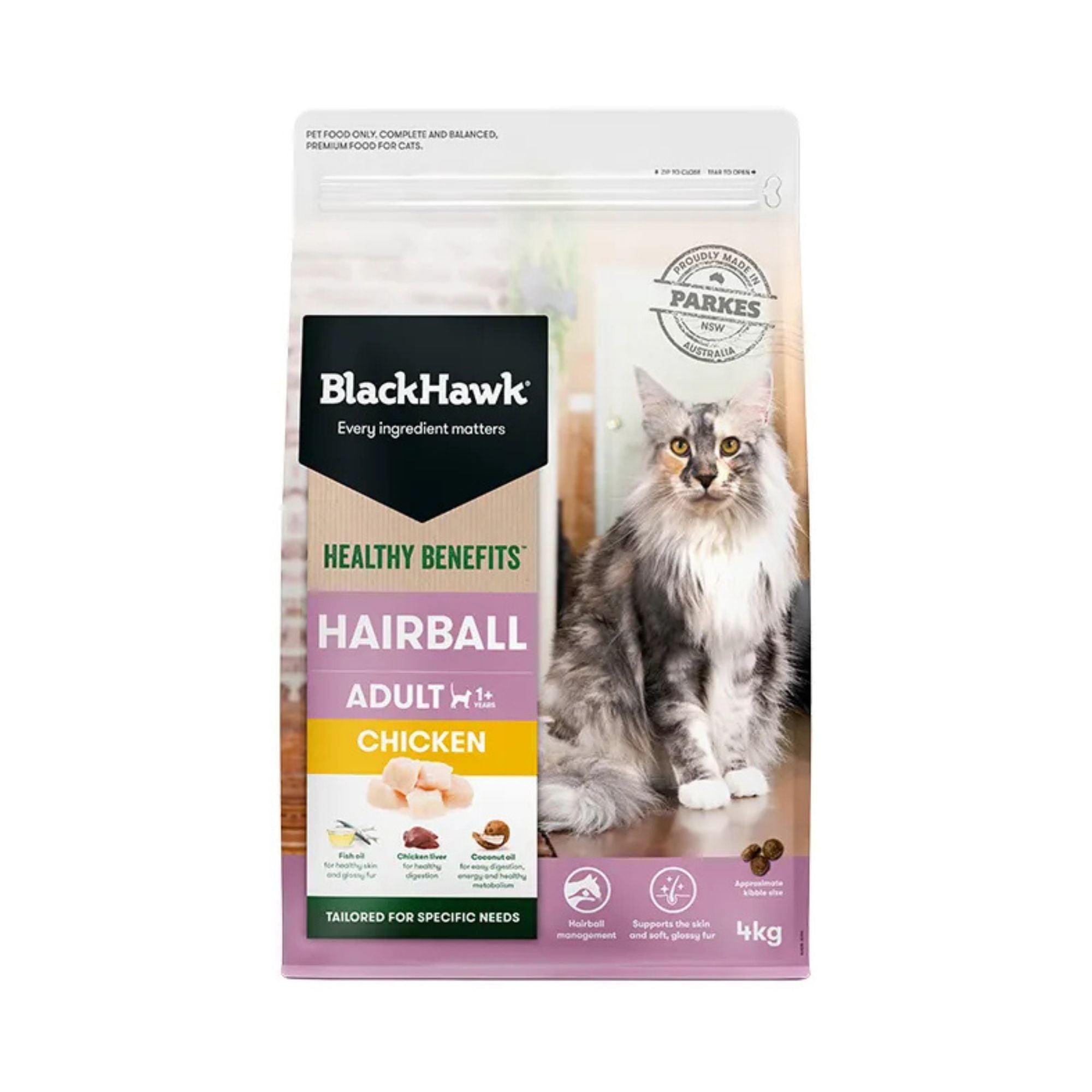 Black Hawk Healthy Benefits Hairball Cat Food 4kg bag, premium dry cat food formulated with psyllium for natural hairball relief.