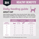 Daily feeding guide for adult cats consuming Black Hawk Healthy Benefits Hairball Chicken for digestive health.
