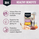 Infographic for Black Hawk Hairball cat food showing how psyllium and plant cellulose assist natural digestive transit.