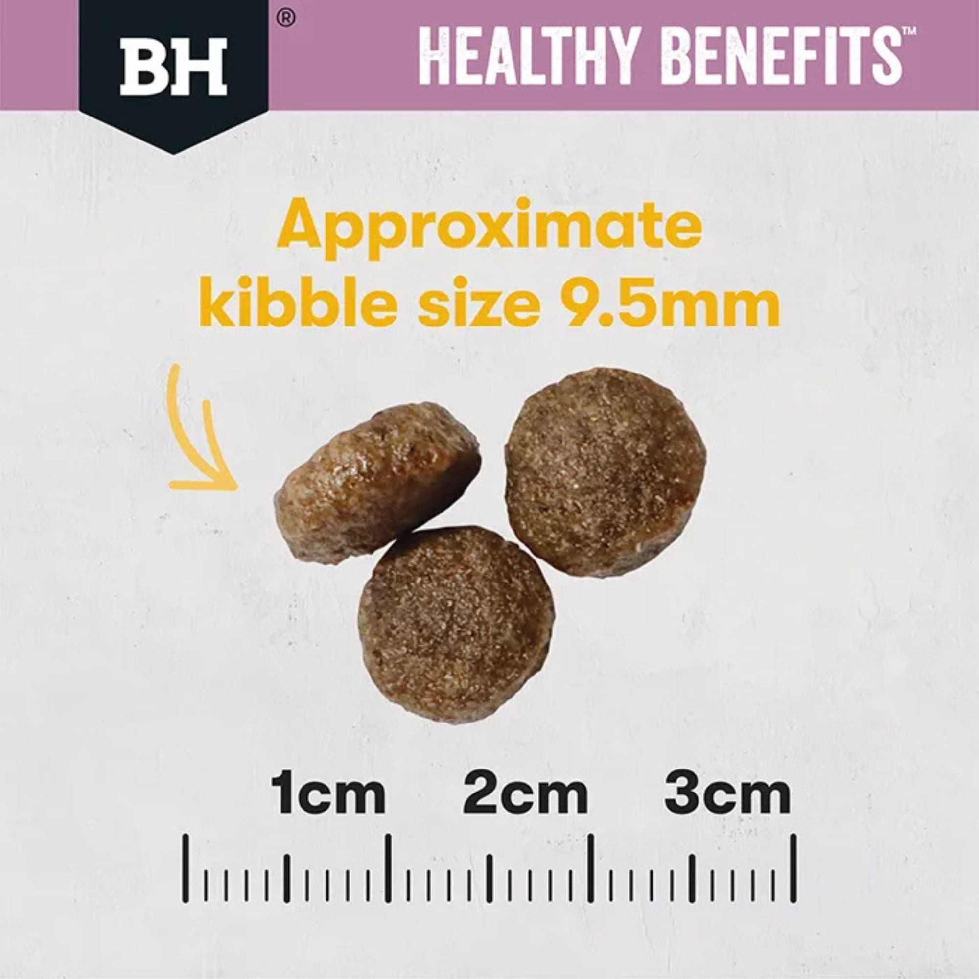 Kibble size comparison for Black Hawk Hairball showing the 9.5mm diameter against a metric ruler for feline safety.