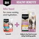 Hairball care mixed feeding guide showing Black Hawk Healthy Benefits wet pouch and dry kibble for optimal hydration.