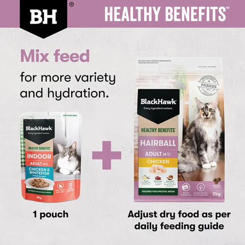 Hairball care mixed feeding guide showing Black Hawk Healthy Benefits wet pouch and dry kibble for optimal hydration.