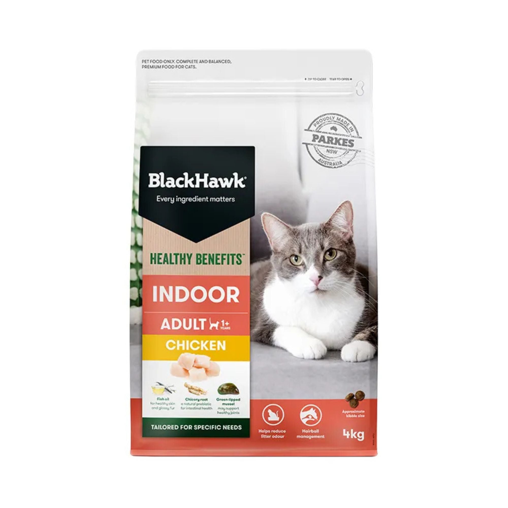 Black Hawk Healthy Benefits Indoor Cat Food 4kg bag, premium Australian-made dry food formulated for indoor cats and odour control.