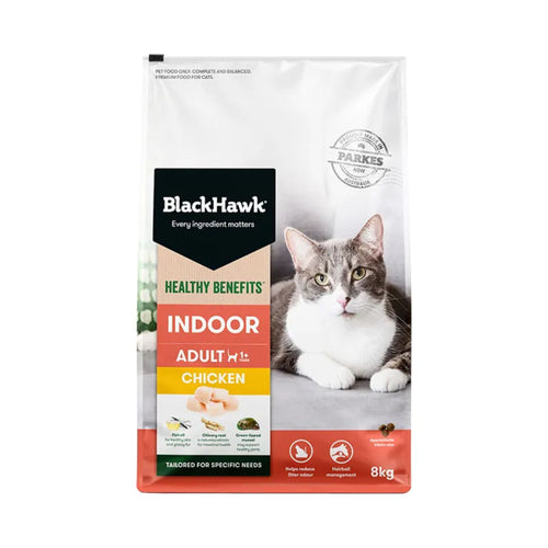Large 8kg bag of Black Hawk Healthy Benefits Indoor Chicken Cat Food, bulk size for multi-cat households and indoor weight management.