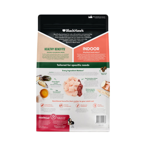 Rear view of Black Hawk Healthy Benefits Indoor Cat food packaging showing full nutritional details and Australian-made logo.