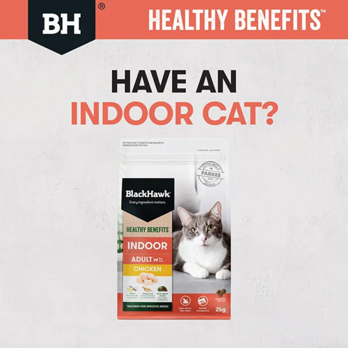 Black Hawk Healthy Benefits Indoor Cat food graphic highlighting targeted nutrition for indoor feline lifestyles.