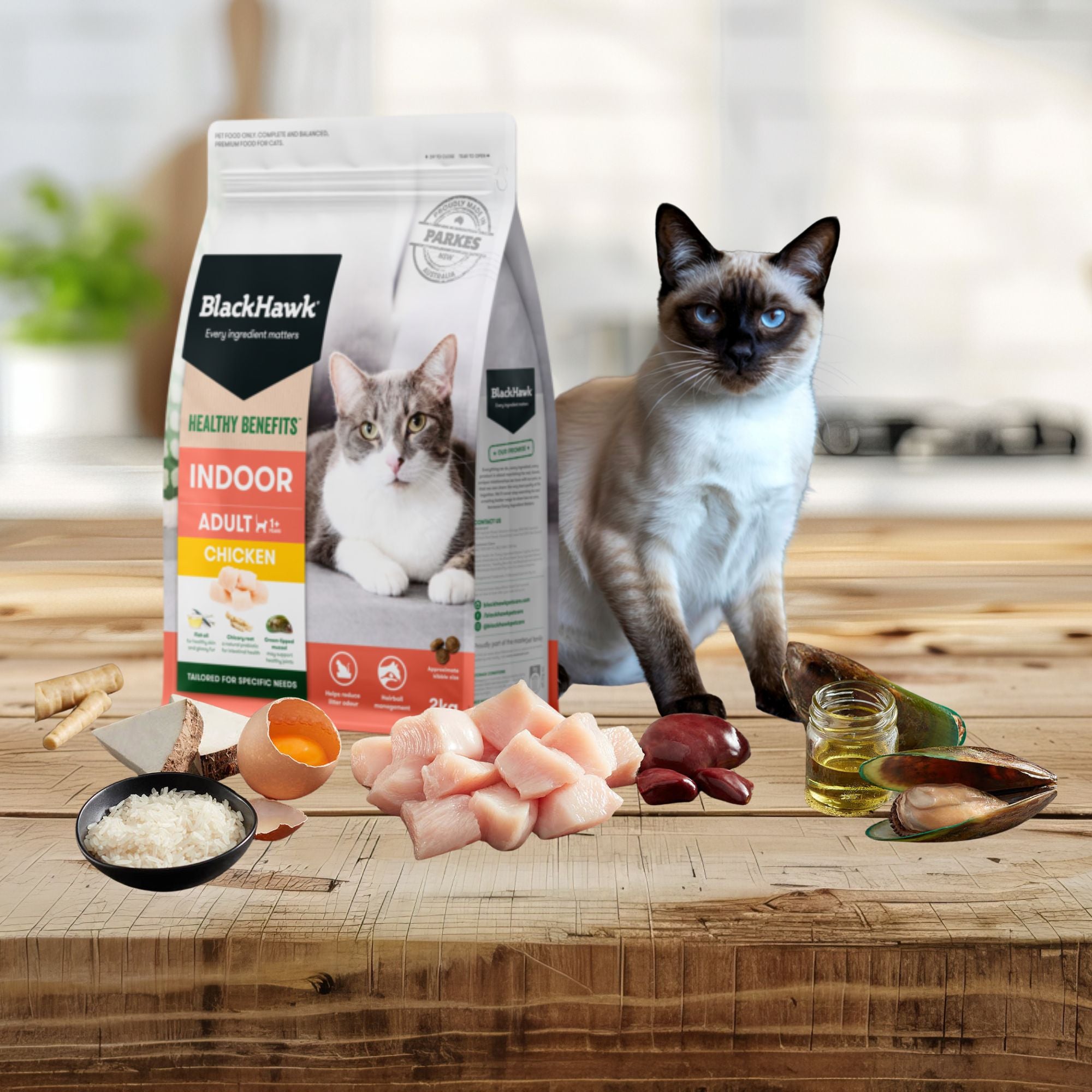 An adult cat sitting on a wooden tabletop next to a bag of Black Hawk Healthy Benefits Indoor Cat Food with fresh raw chicken, rice, and natural ingredients displayed in the foreground.
