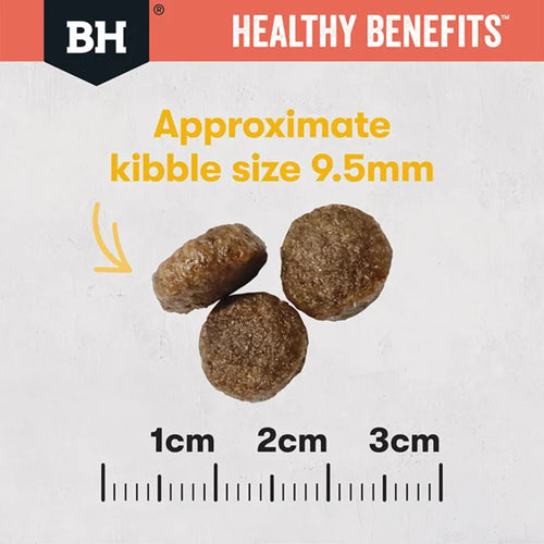 Black Hawk Healthy Benefits Indoor Cat kibble size comparison showing 9.5mm diameter against a metric ruler.