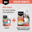 Mixed feeding guide for Black Hawk Healthy Benefits showing Indoor wet food pouch and dry food for variety and hydration.
