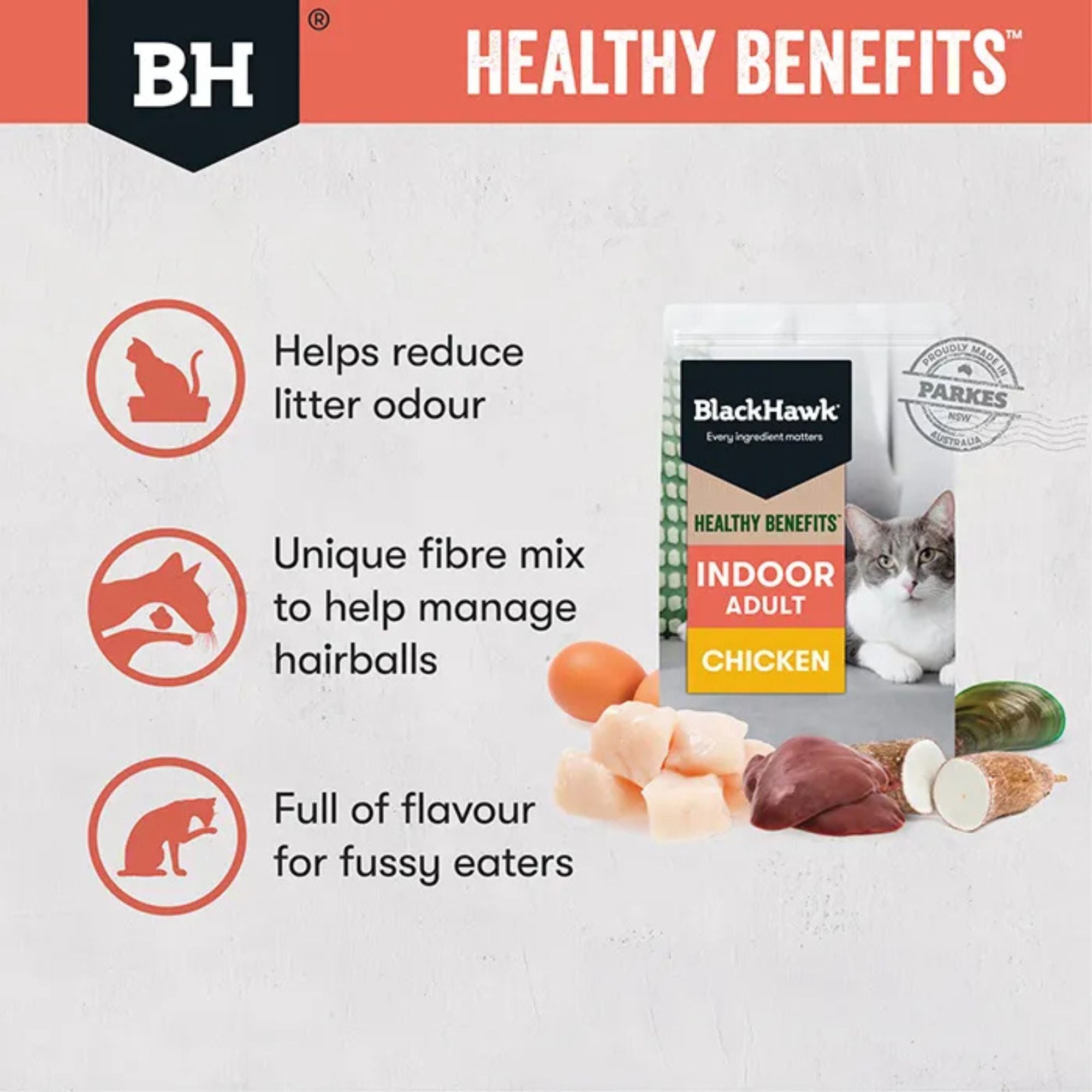 Infographic for Black Hawk Healthy Benefits Indoor Cat food showing litter odour reduction and hairball management benefits for fussy eaters.