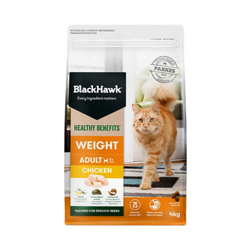 Black Hawk Healthy Benefits Weight Management Cat Food 4kg bag, premium low-calorie dry food for long-term healthy weight maintenance.