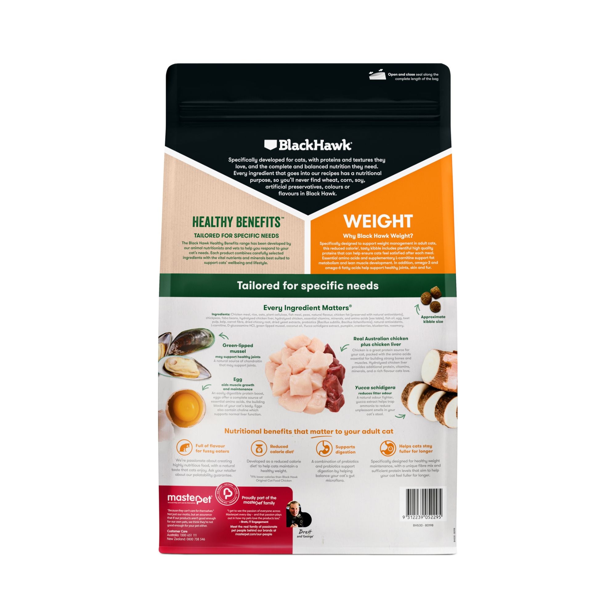 Nutritional information and feeding instructions on the back of Black Hawk Healthy Benefits Weight Management cat food.