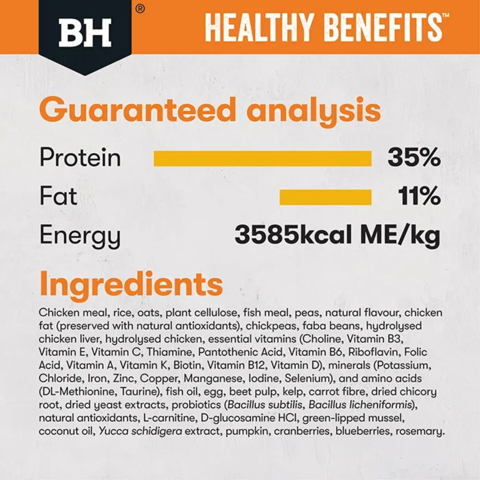 Guaranteed analysis showing reduced fat and high fibre levels for Black Hawk Healthy Benefits Weight Management cat food.