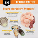 Black Hawk Healthy Benefits ingredients graphic for weight care featuring Australian chicken, coconut oil, green-lipped mussel and chicken liver.