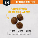 Kibble size comparison for Black Hawk Weight Management showing the 9.5mm diameter against a metric ruler for easy feeding.