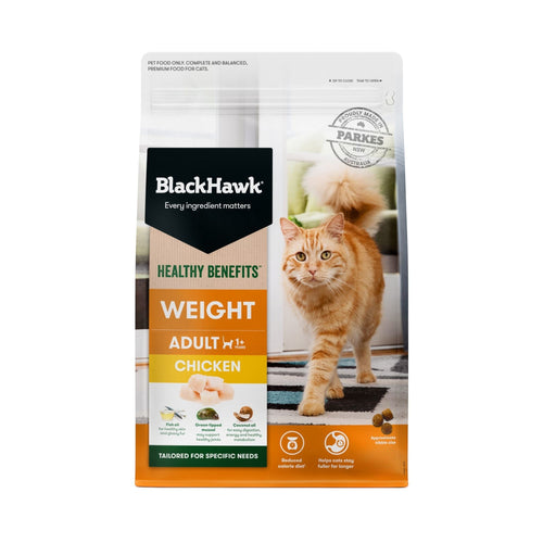Primary product image of Black Hawk Healthy Benefits Weight Management dry cat food bag with Australian chicken.