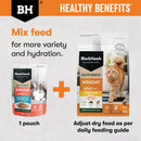 Weight management mixed feeding guide showing Black Hawk Healthy Benefits wet pouch and dry kibble for portion control.