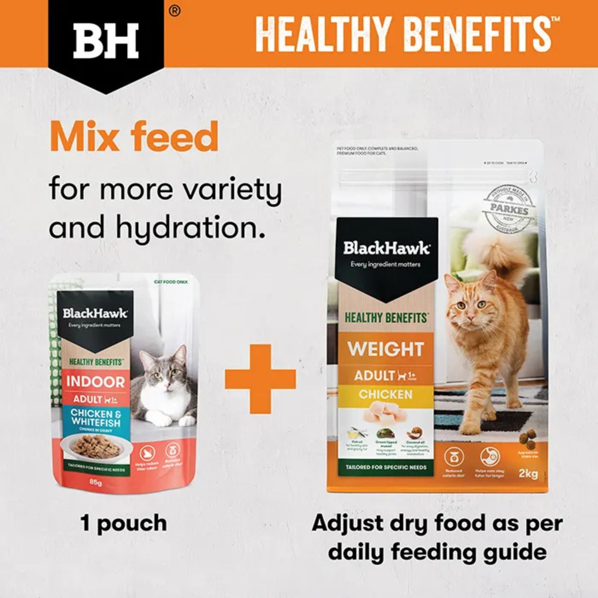 Weight management mixed feeding guide showing Black Hawk Healthy Benefits wet pouch and dry kibble for portion control.