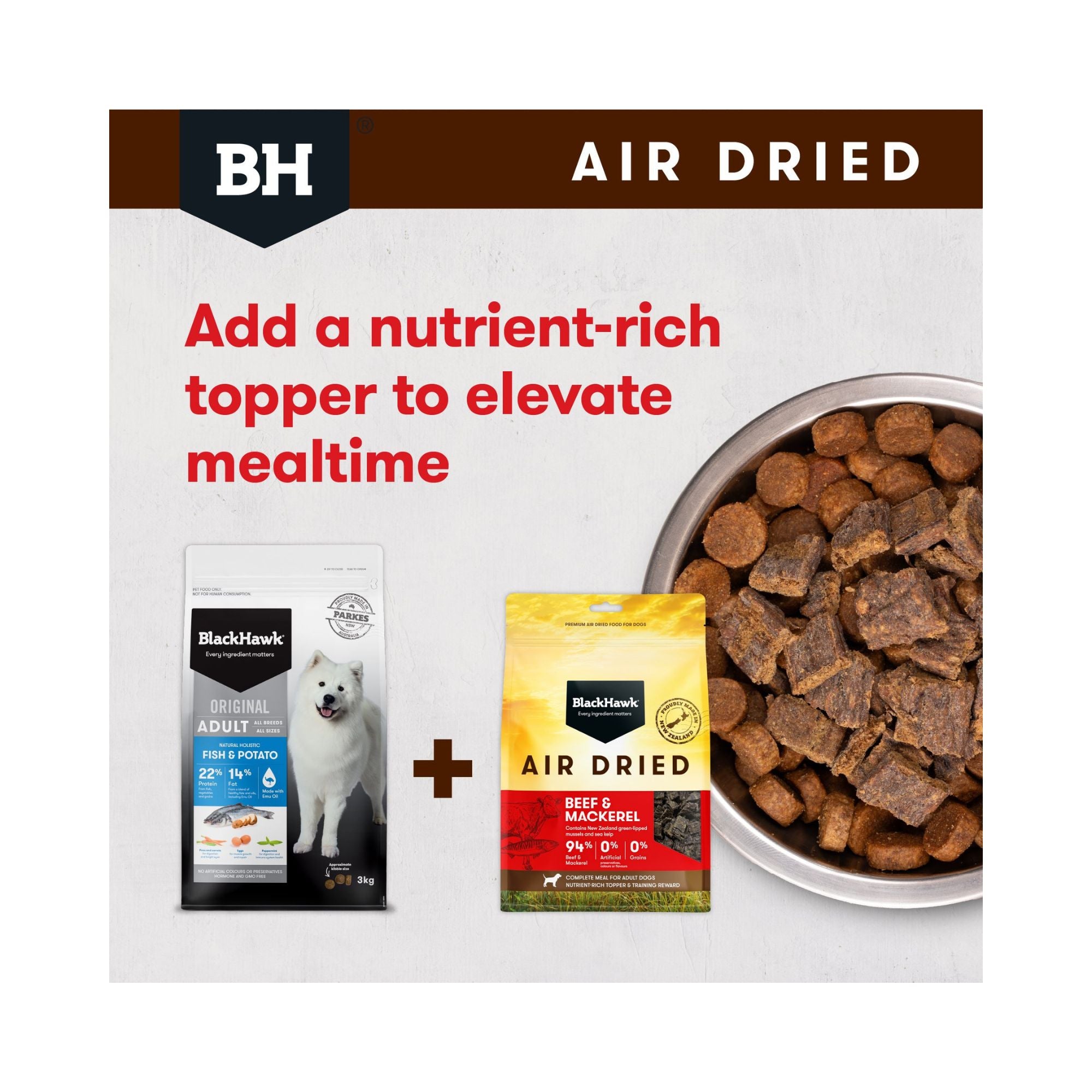 Graphic showing Black Hawk Original Fish and Potato kibble paired with Air-Dried Beef and Mackerel as a nutrient-rich meal topper for adult dogs.