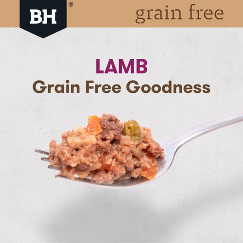Spoonful of grain-free lamb pet food with Black Hawk brand logo on a white background.
