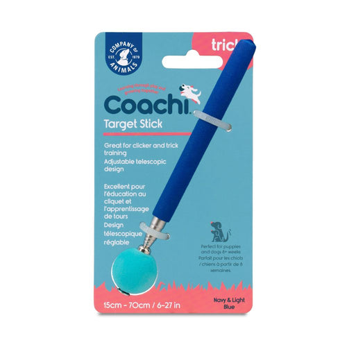 Coachi Target Stick attached to its packaging, showcasing the product's telescopic design, foam ball tip, and branding information.