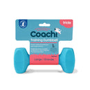 Coachi Light Blue Large Training Dumbbell with vibrant packaging showcasing features for dog and puppy training, retrieval, and water play.